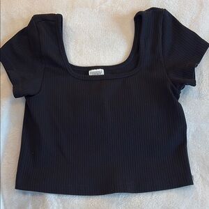 PINK Victoria's Secret Black Ribbed Crop Blouse Short Sleeve